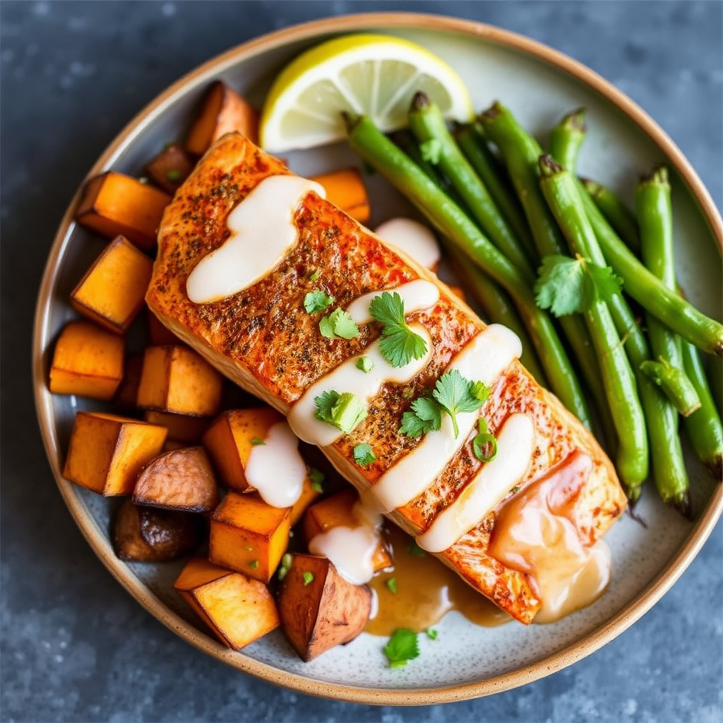 Spiced Salmon with Roasted Sweet Potatoes and Coconut Lime Glaze