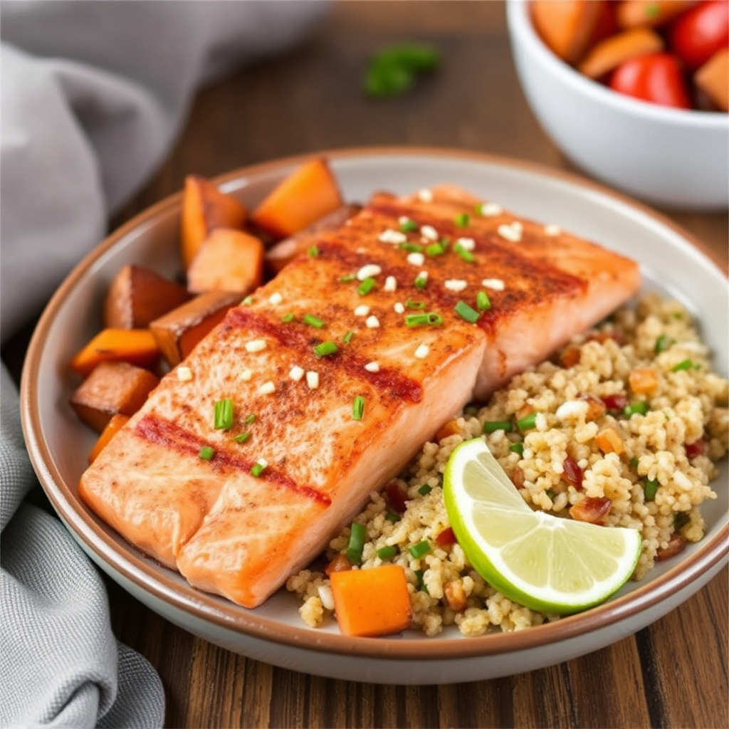 Spiced Salmon with Roasted Sweet Potatoes and Coconut-Lime Quinoa