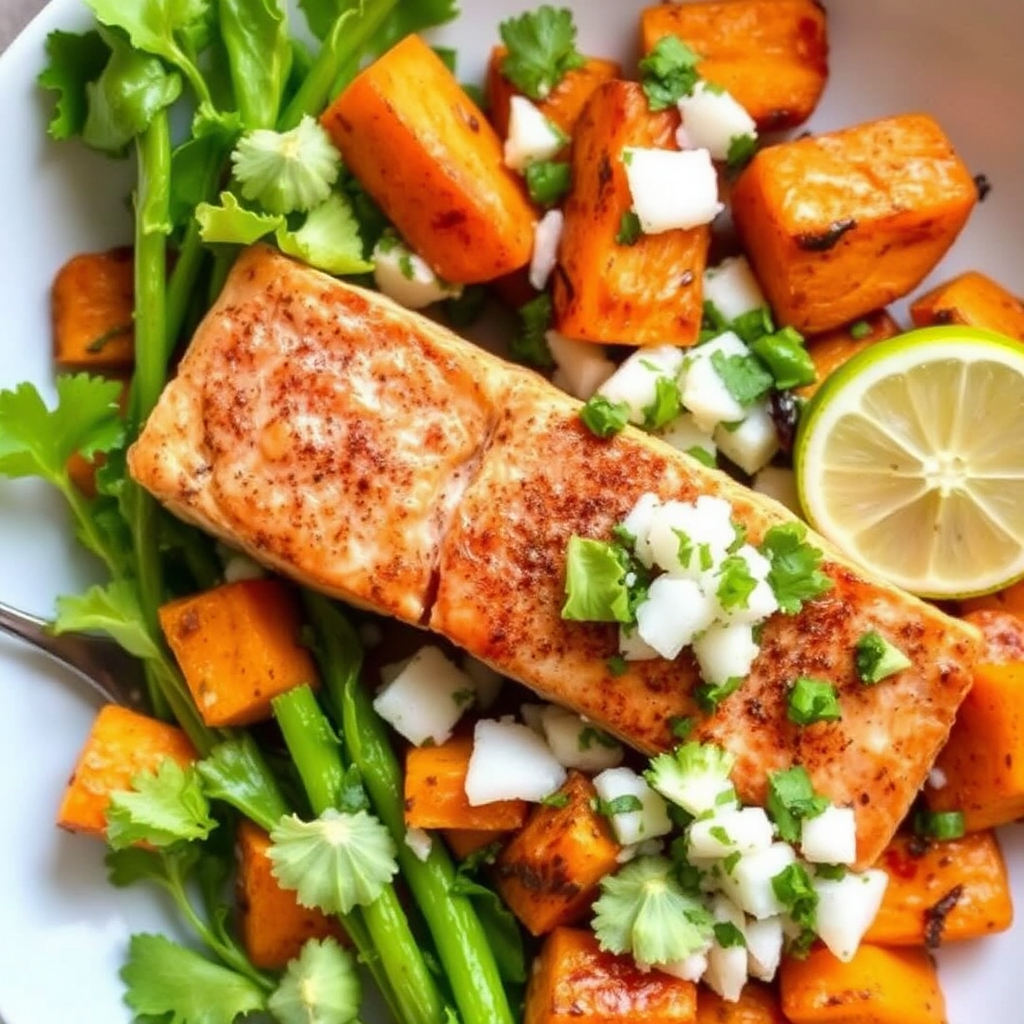 Spiced Salmon with Roasted Sweet Potatoes and Coconut-Lime Salsa