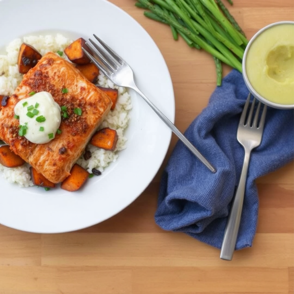 Spiced Salmon with Roasted Sweet Potatoes and Coconut Rice