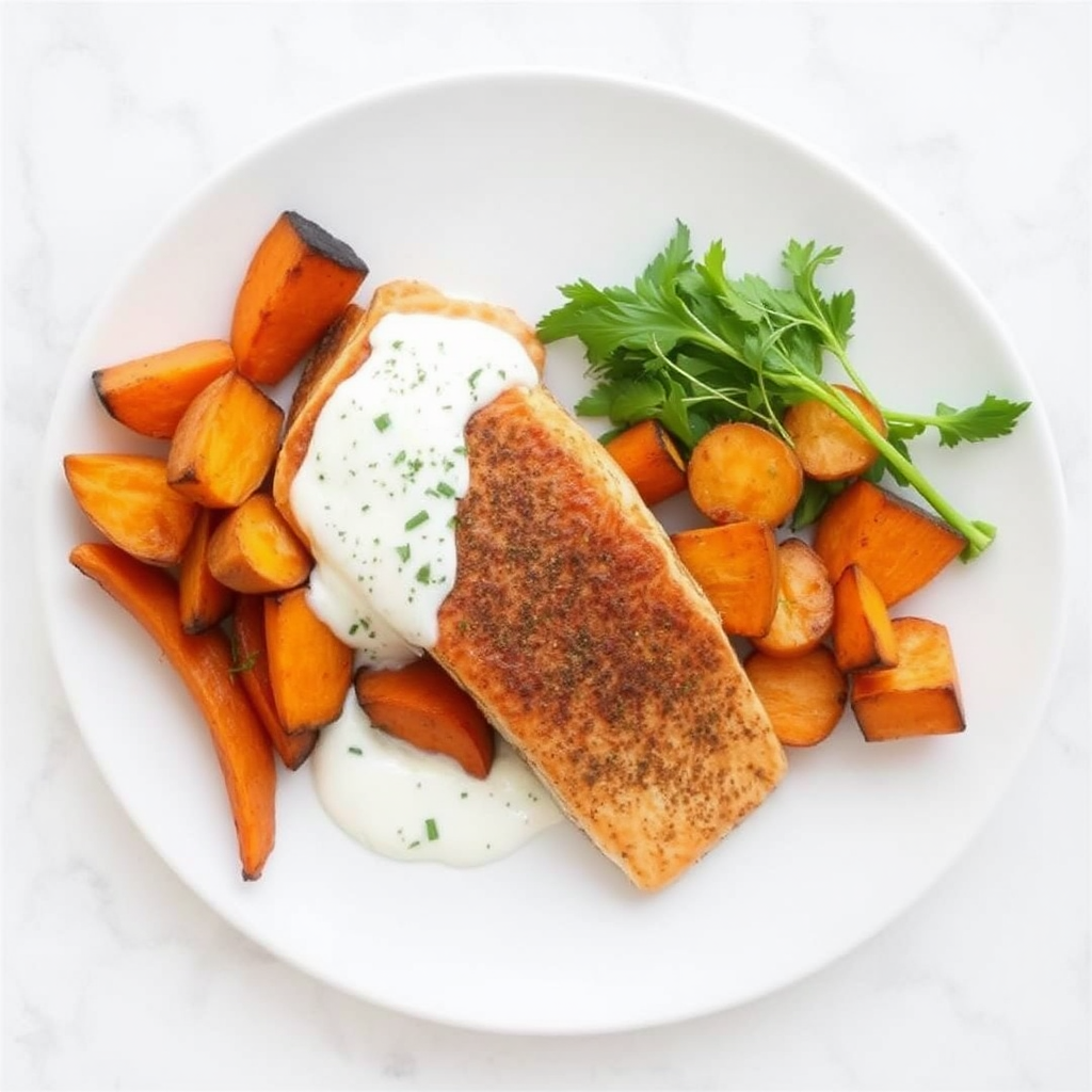 Spiced Salmon with Roasted Sweet Potatoes and Lemon-Dill Yogurt Sauce