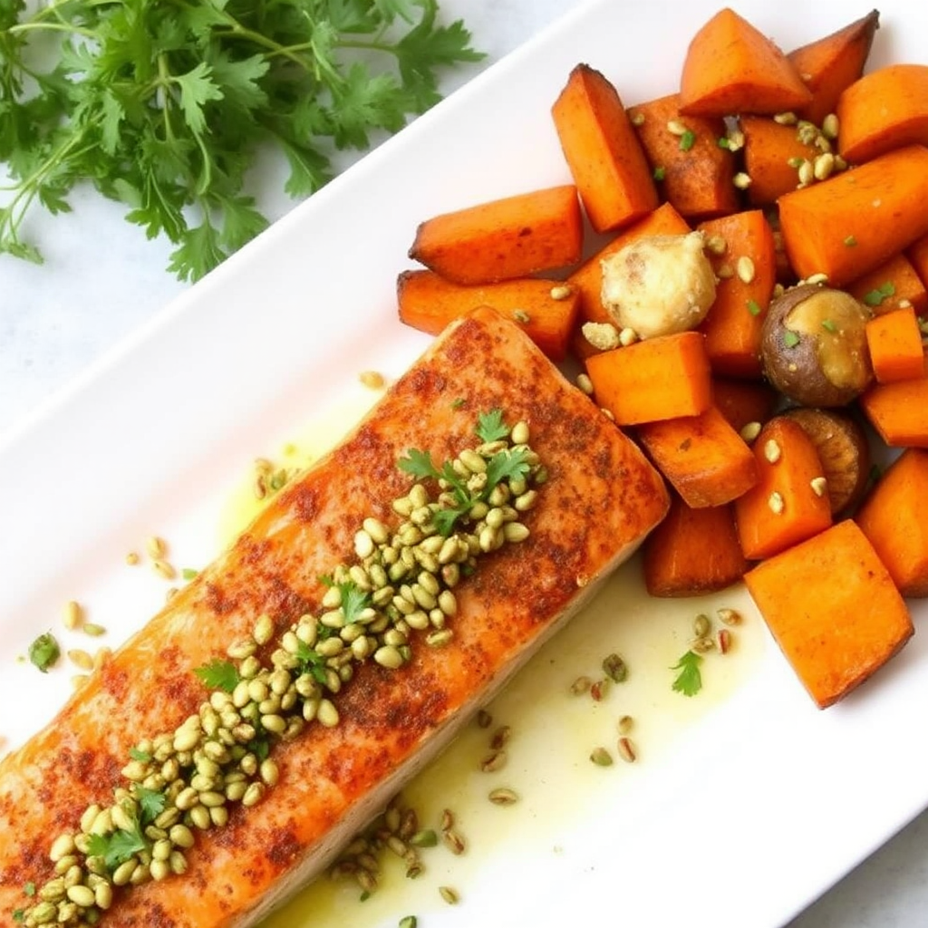 Spiced Salmon with Roasted Sweet Potatoes and Pistachio Gremolata