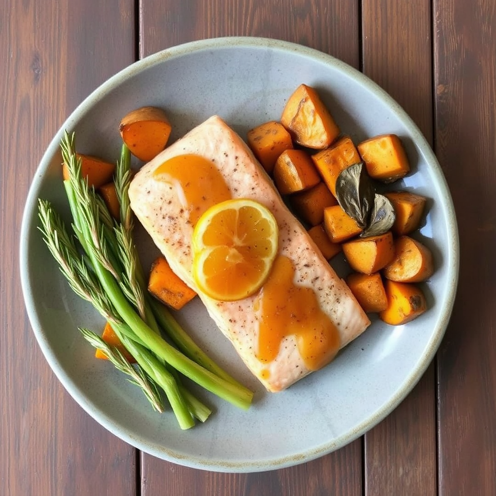 Spiced Salmon with Roasted Sweet Potatoes and Rosemary-Citrus Glaze