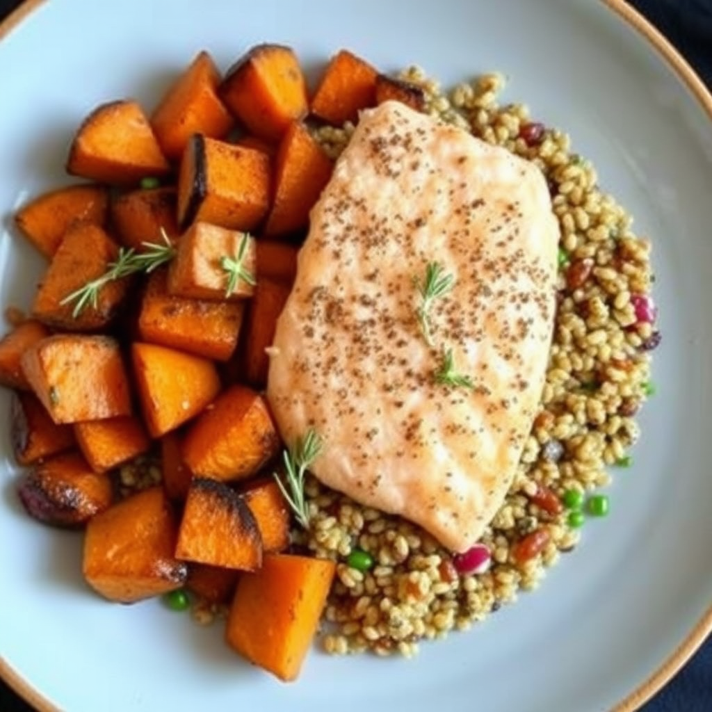 Spiced Salmon with Roasted Sweet Potatoes and Rosemary Quinoa