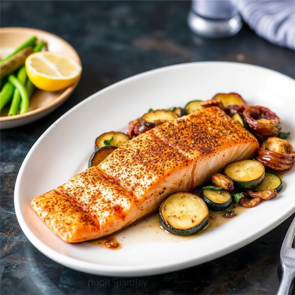 Spiced Salmon with Roasted Zucchini and Caramelized Onions