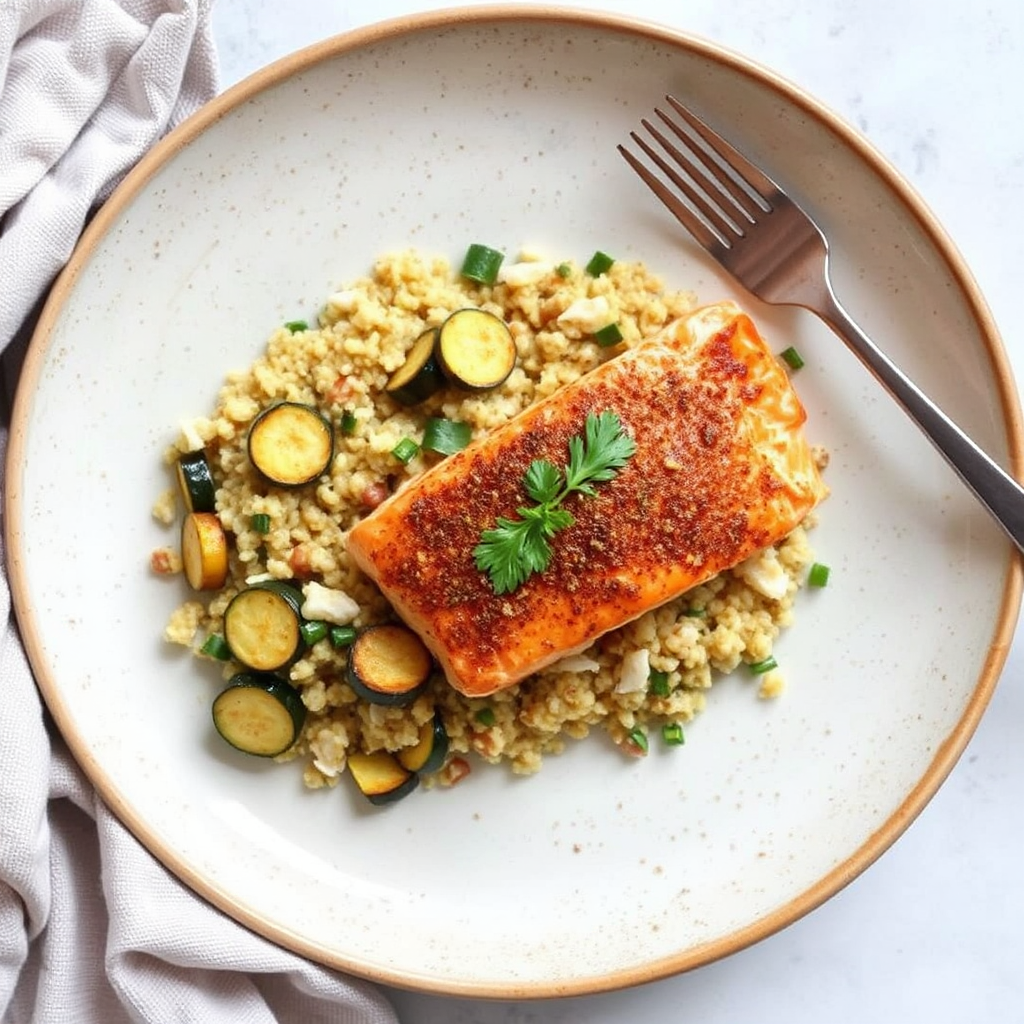 Spiced Salmon with Roasted Zucchini and Coconut Quinoa