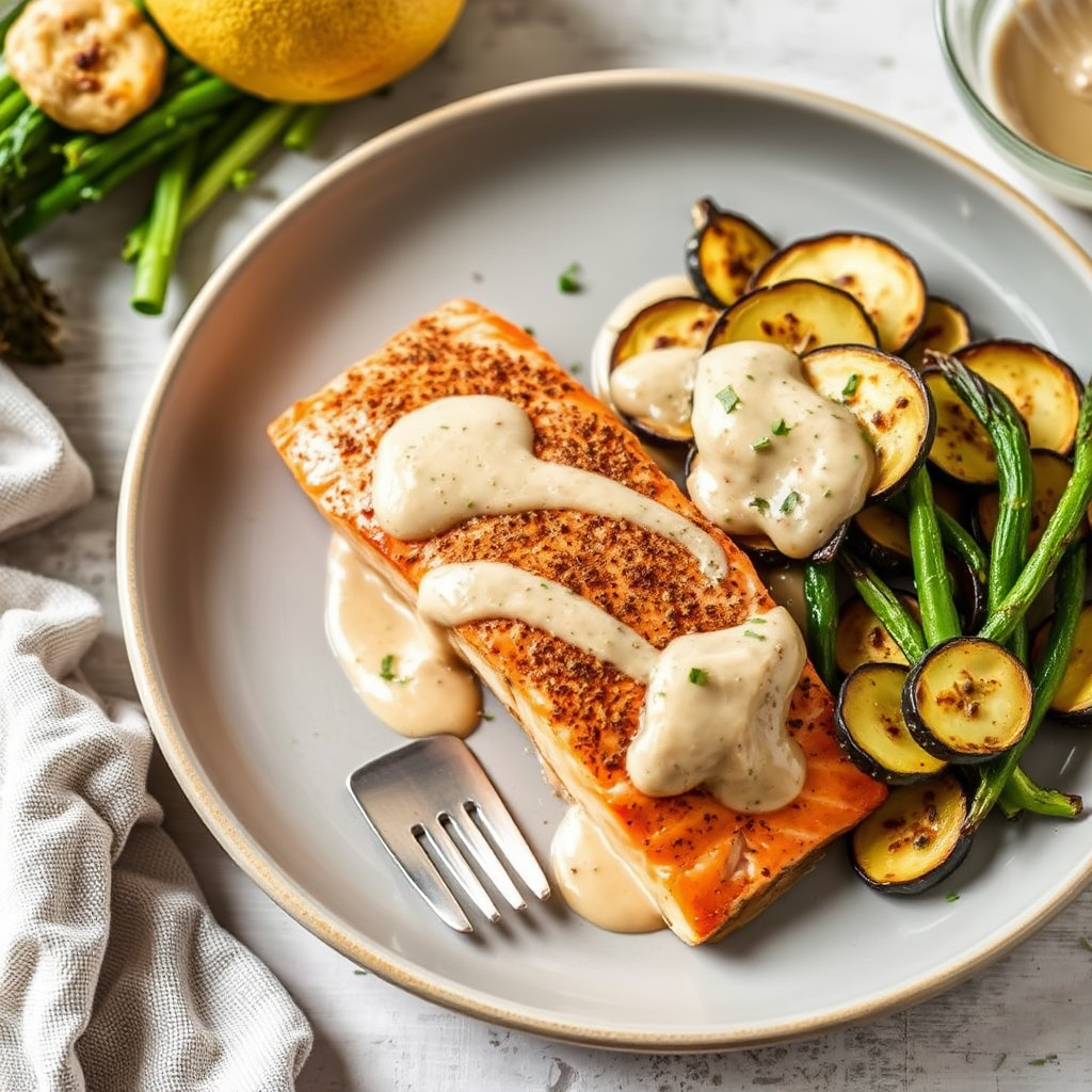 Spiced Salmon with Roasted Zucchini and Lemon-Tahini Sauce