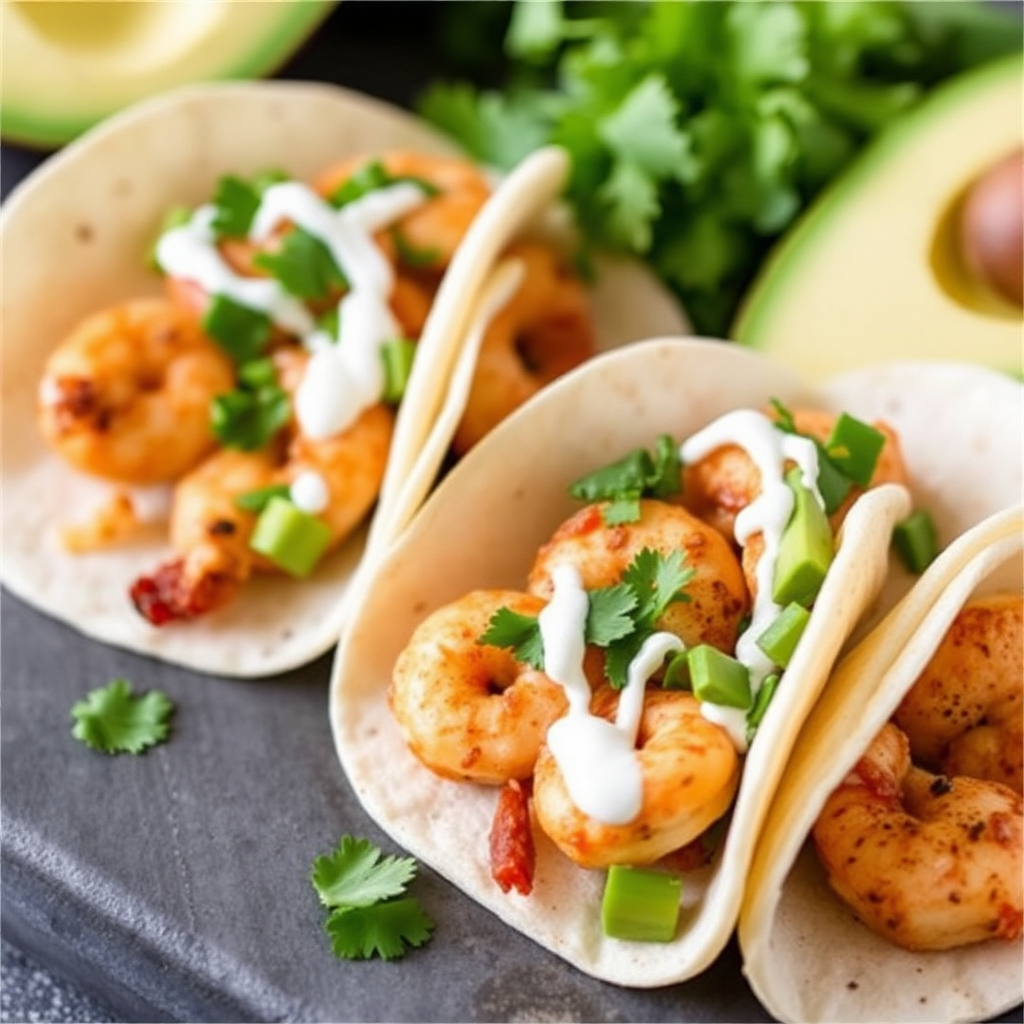 Spiced Shrimp Tacos with Avocado Cilantro Crema