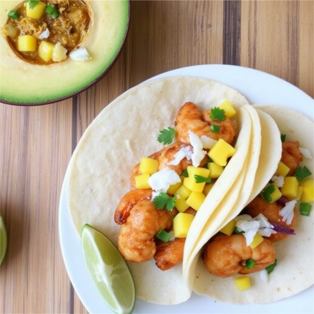 Spiced Shrimp & Coconut Mango Salsa Tacos