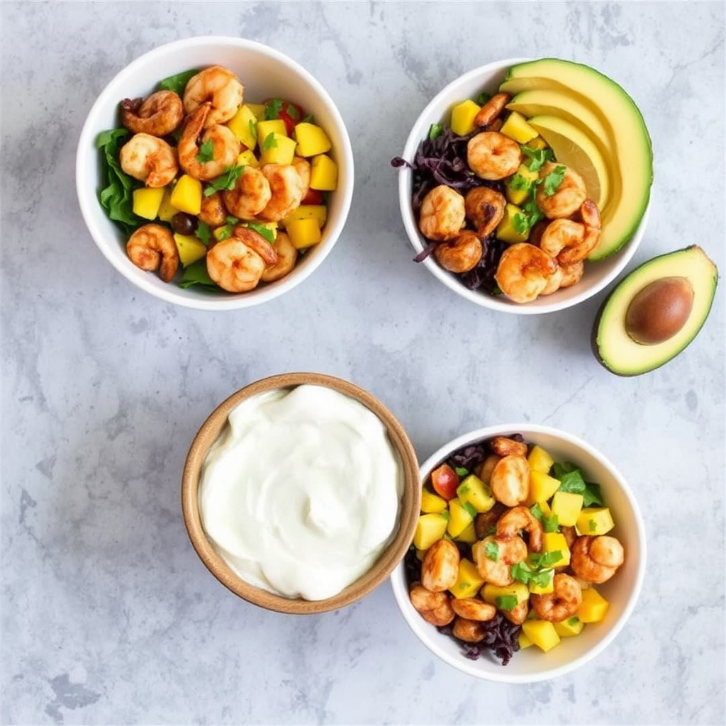 Spiced Shrimp and Mango Salsa Bowls with Avocado Cream