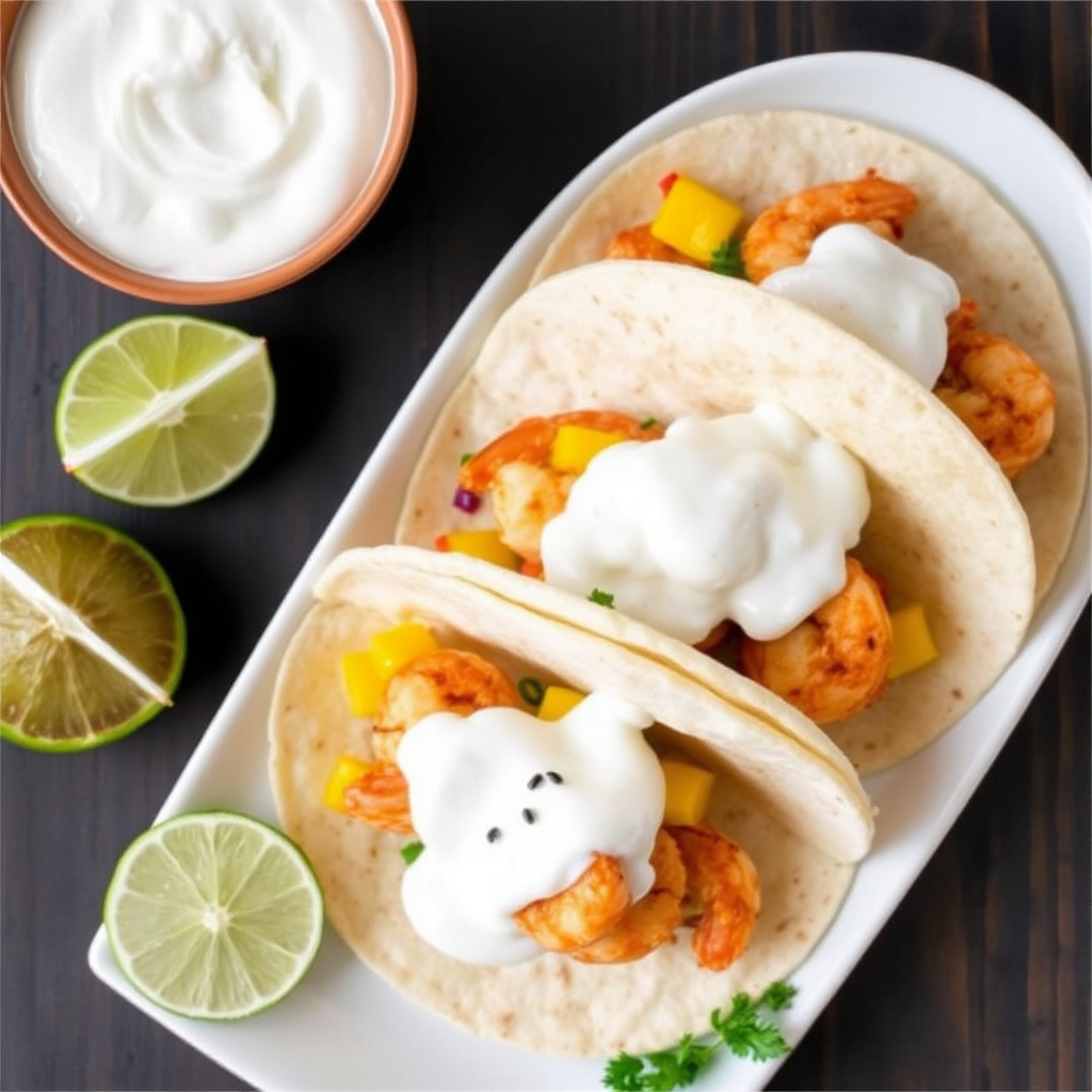 Spiced Shrimp and Mango Salsa Tacos with Coconut Cream