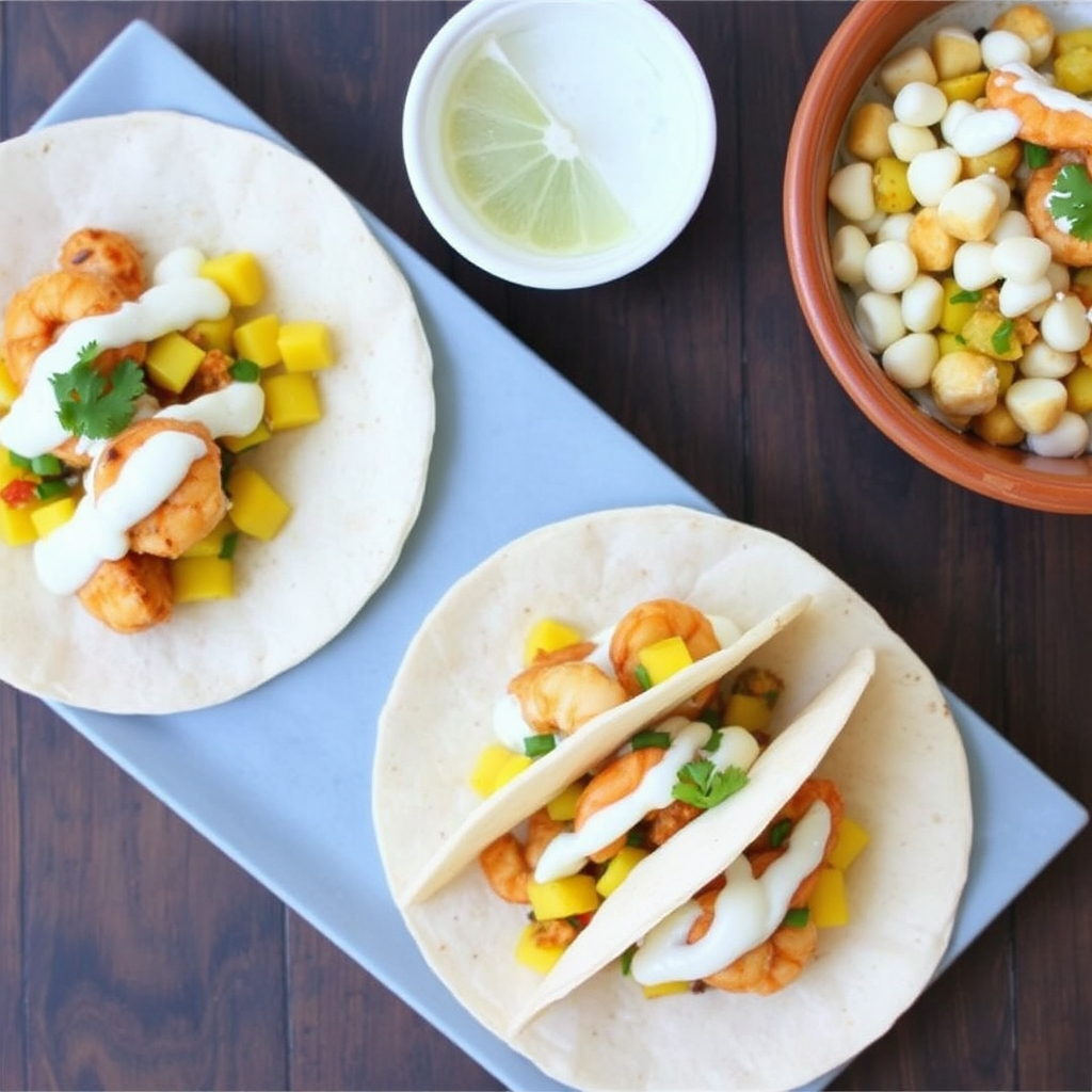 Spiced Shrimp & Mango Salsa Tacos with Coconut-Lime Crema