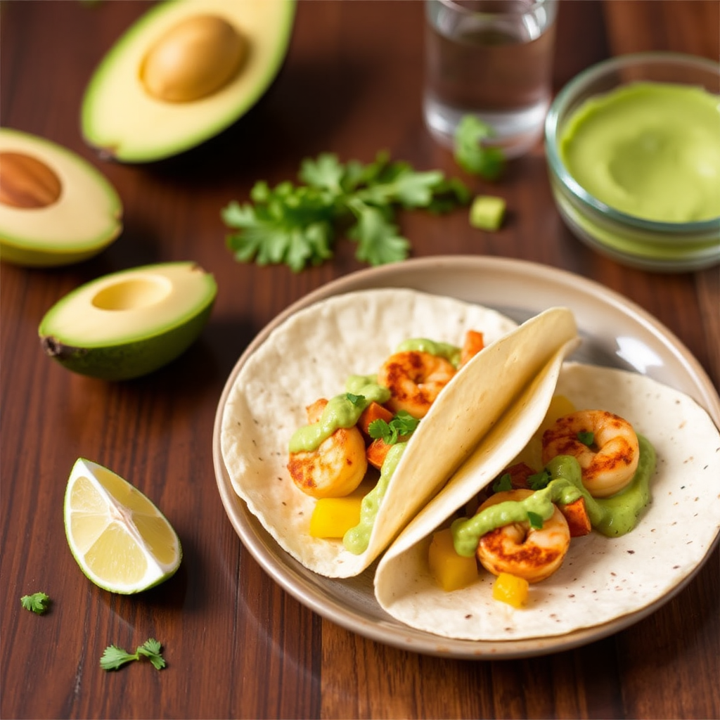 Spiced Shrimp & Mango Tacos with Avocado-Cilantro Crema