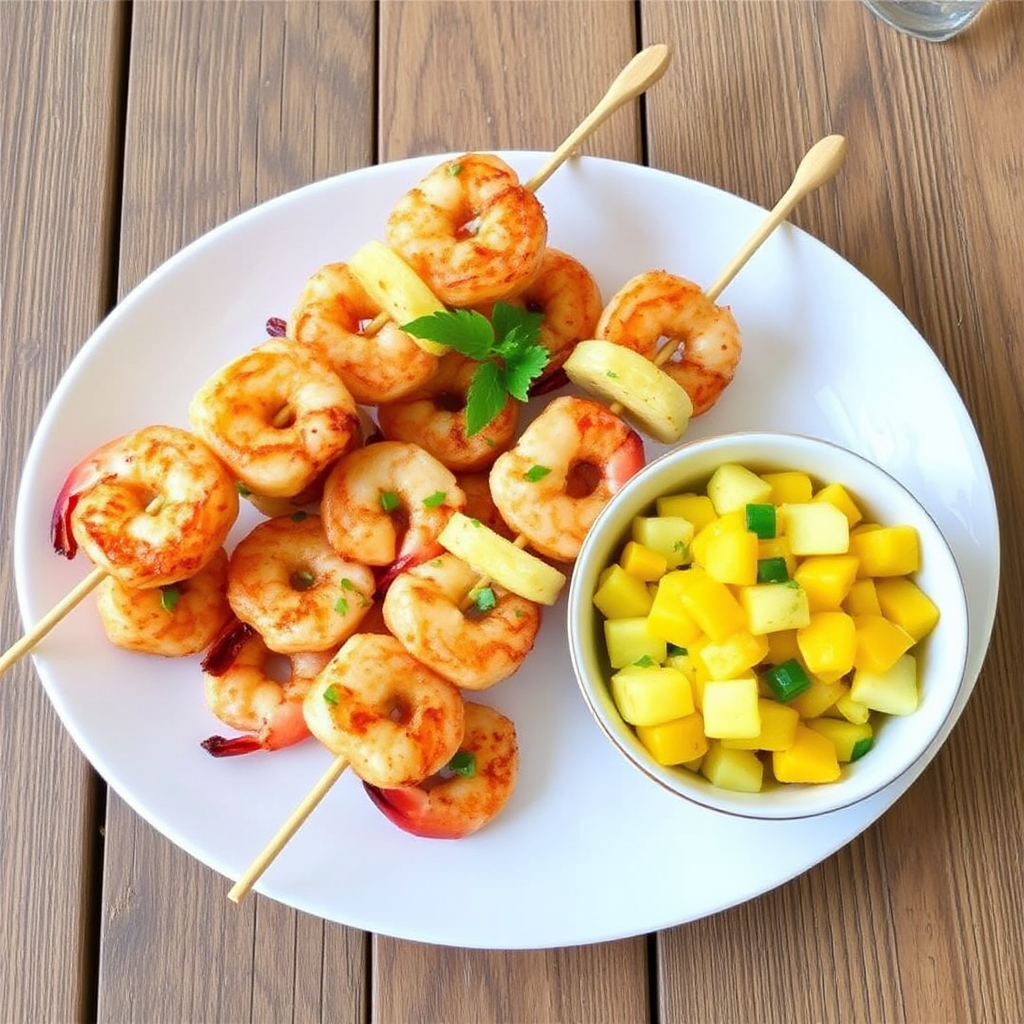 Spiced Shrimp & Pineapple Skewers with Coconut Mango Salsa