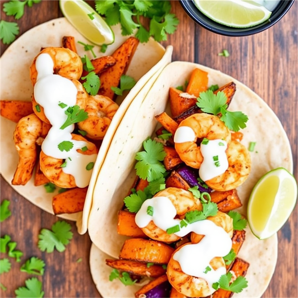 Spiced Shrimp & Roasted Sweet Potato Tacos with Cilantro Lime Crema