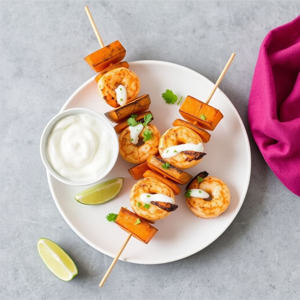 Spiced Shrimp & Sweet Potato Skewers with Cilantro-Lime Yogurt