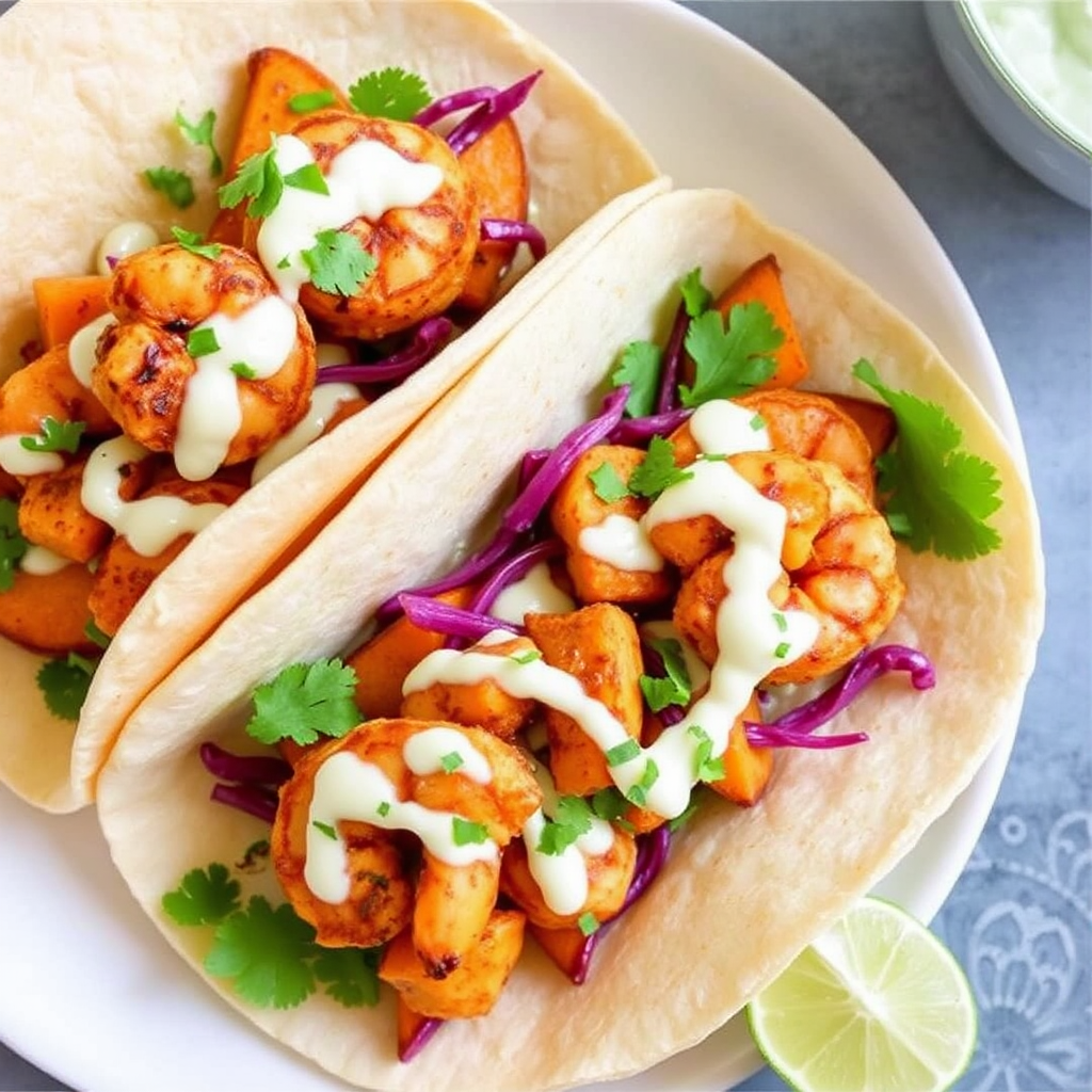 Spiced Shrimp and Sweet Potato Tacos with Cilantro-Lime Crema