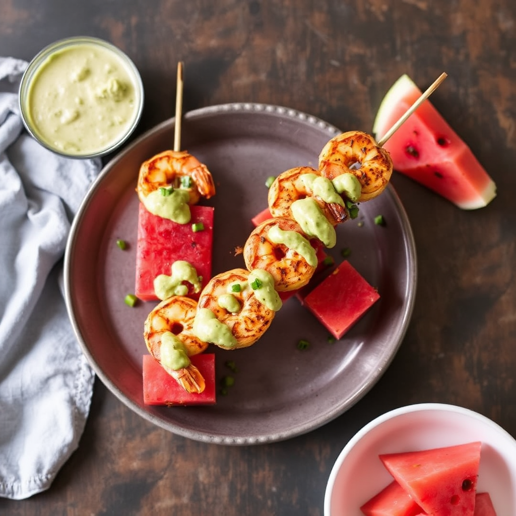 Spiced Shrimp and Watermelon Skewers with Lime-Avocado Crema