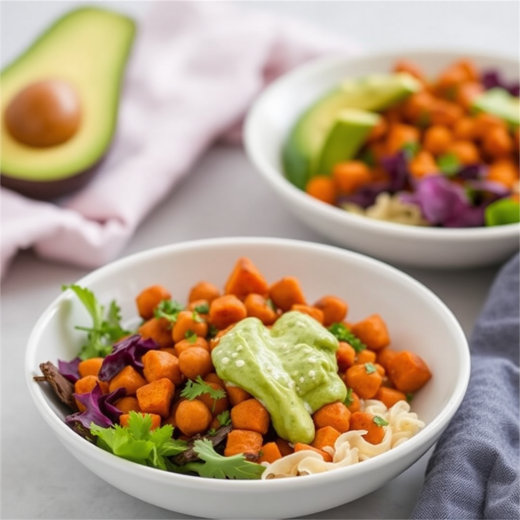 Spiced Sweet Potato & Chickpea Bowls with Avocado Cilantro Crema