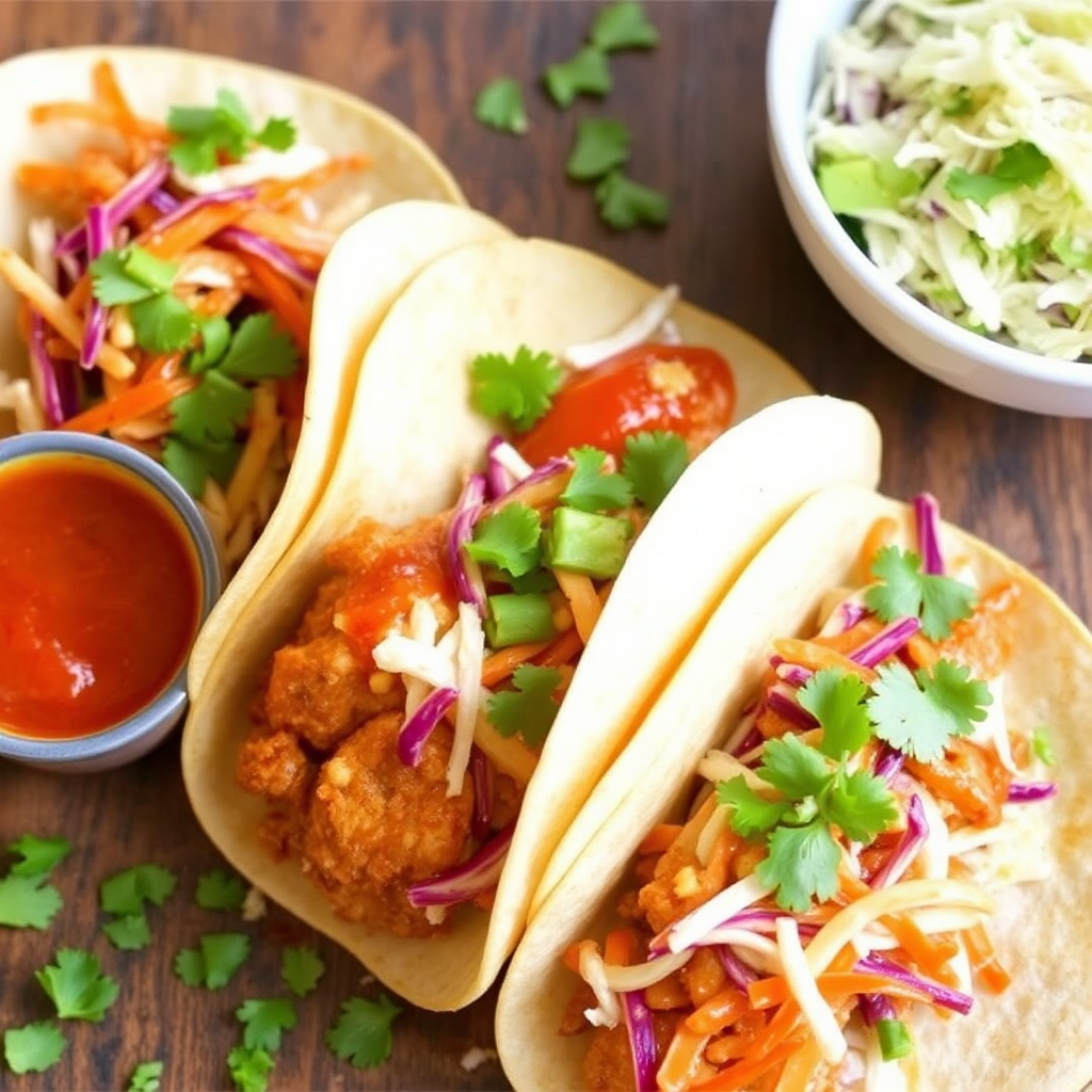 Spicy Korean-Style Chicken Tacos with Kimchi Slaw and Gochujang Sauce