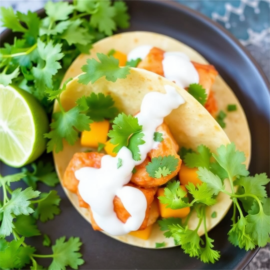 Spicy Mango Salmon Tacos with Cilantro Lime Crema