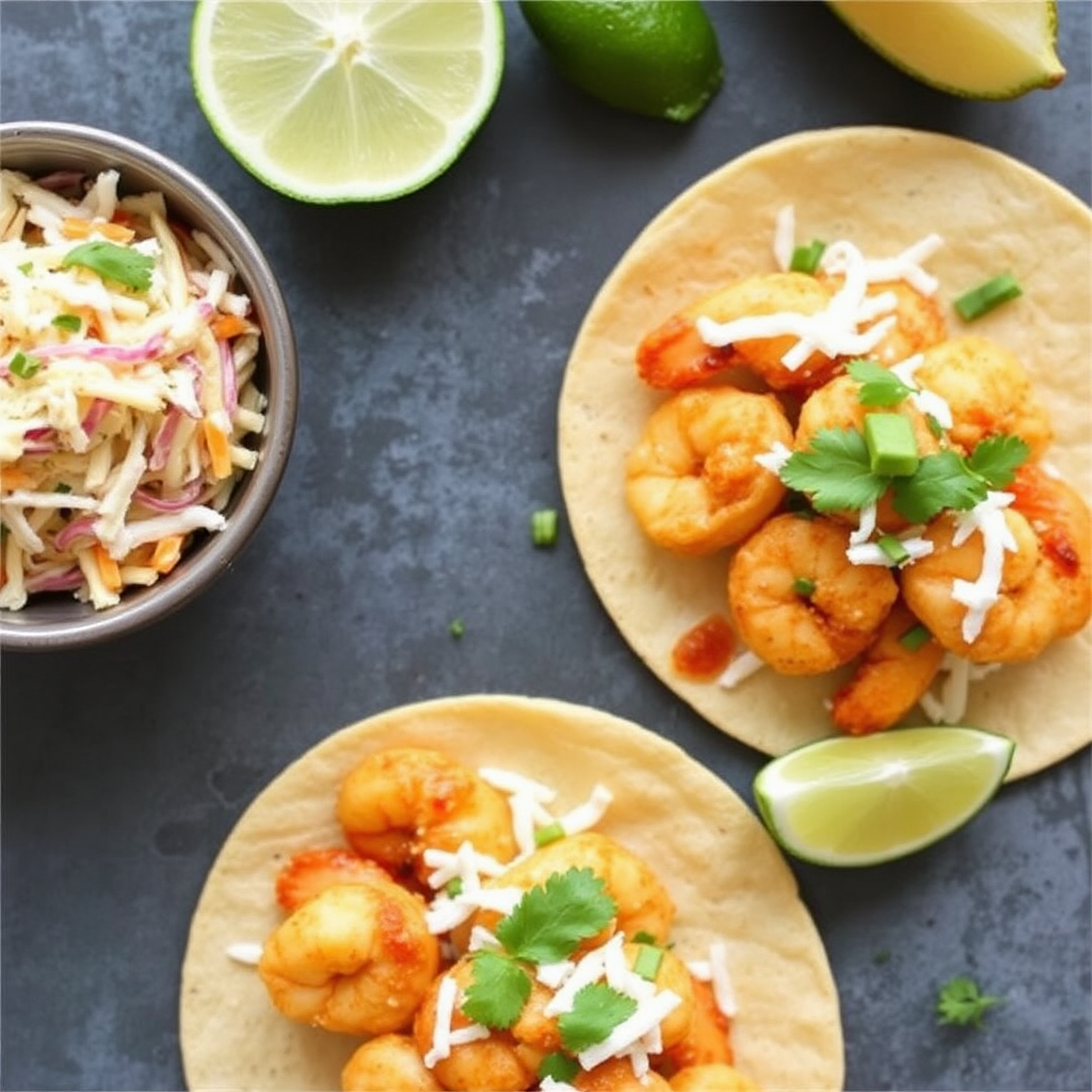 Spicy Mango Shrimp Tacos with Coconut-Lime Slaw