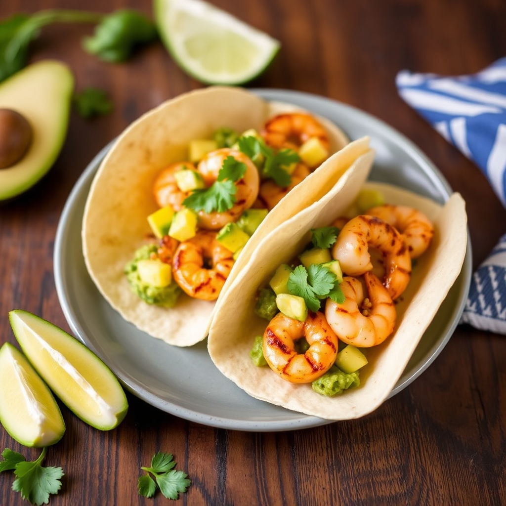 Spicy Pineapple-Basil Tacos with Grilled Shrimp and Avocado Salsa