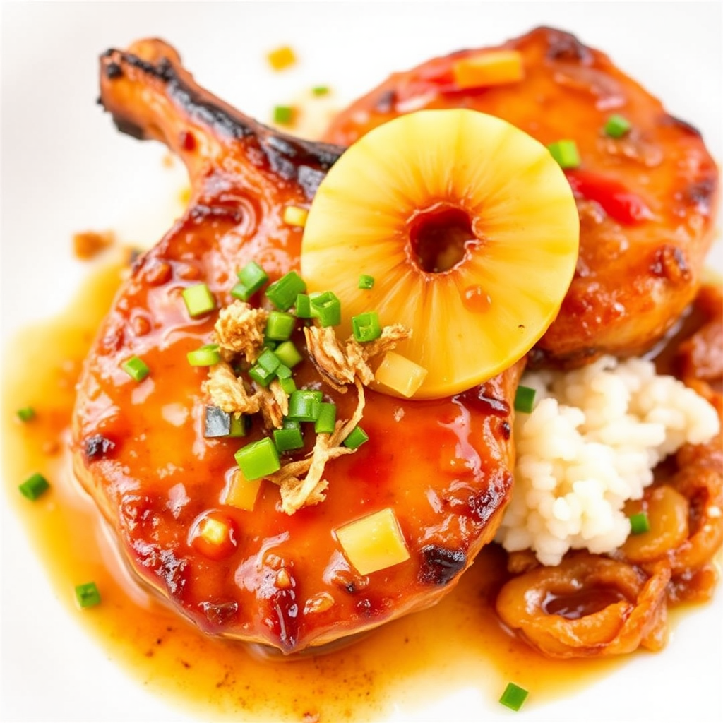 Spicy Pineapple-Glazed Pork Chops with Caramelized Onions and Crunchy Fried Shallots