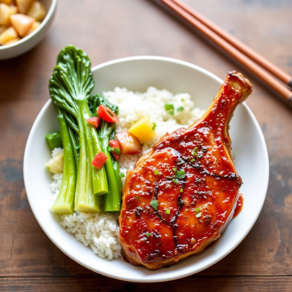 Spicy Pineapple-Glazed Pork Chops with Coconut Rice and Steamed Bok Choy