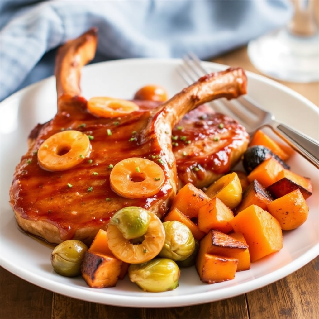 Spicy Pineapple-Glazed Pork Chops with Roasted Brussels Sprouts and Sweet Potatoes