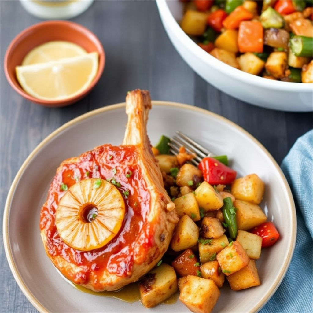 Spicy Pineapple-Glazed Pork Chops with Roasted Vegetable Stir-Fry