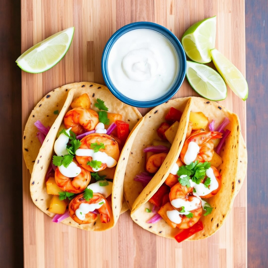 Spicy Pineapple and Shrimp Tacos with Cilantro Lime Crema