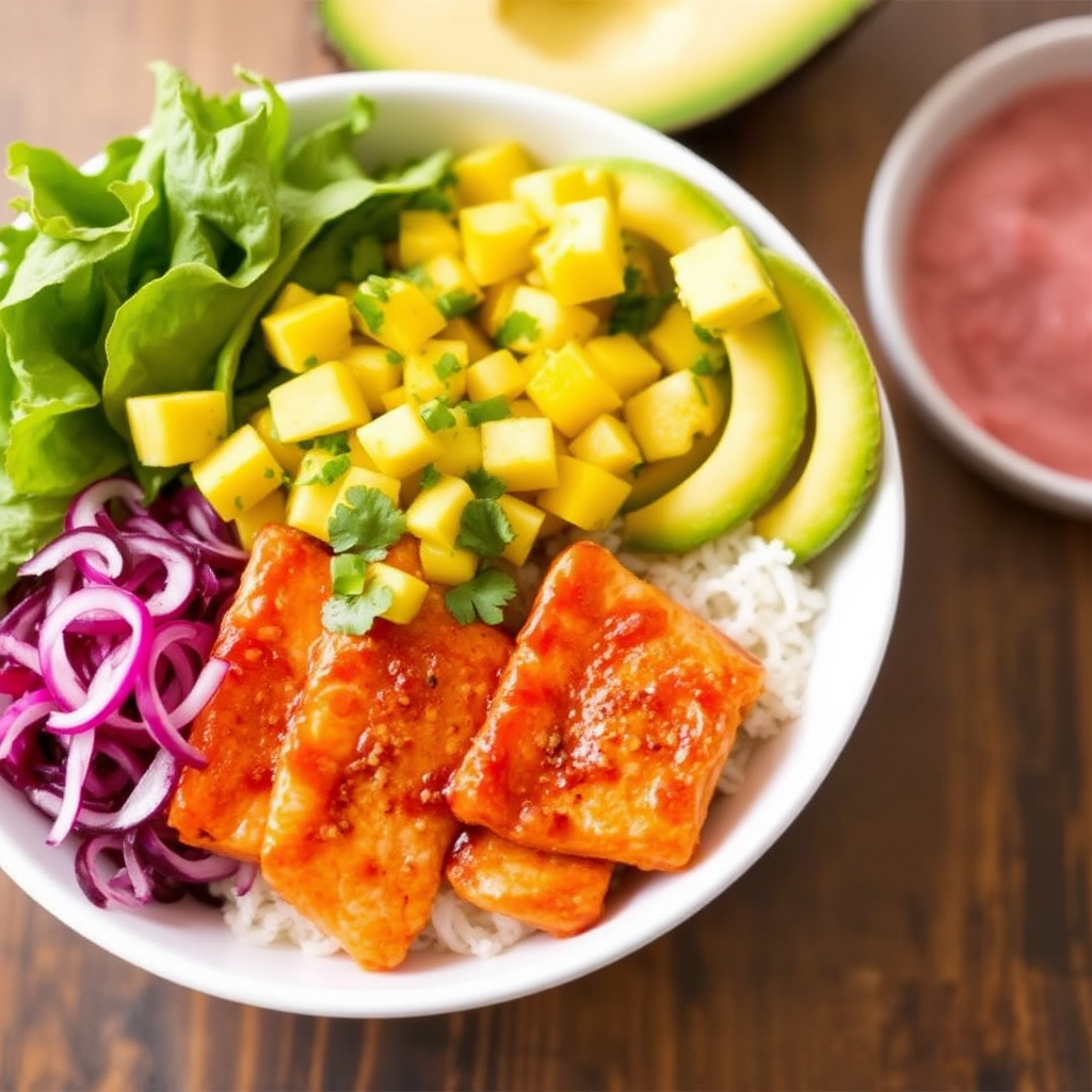 Spicy Salmon Bowls with Avocado Mango Salsa