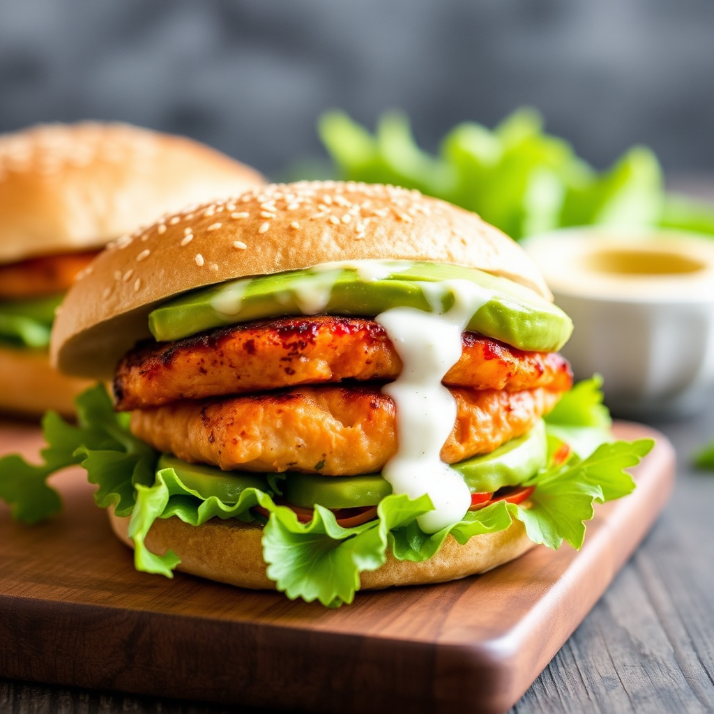 Spicy Salmon Burgers with Avocado Lime Crema