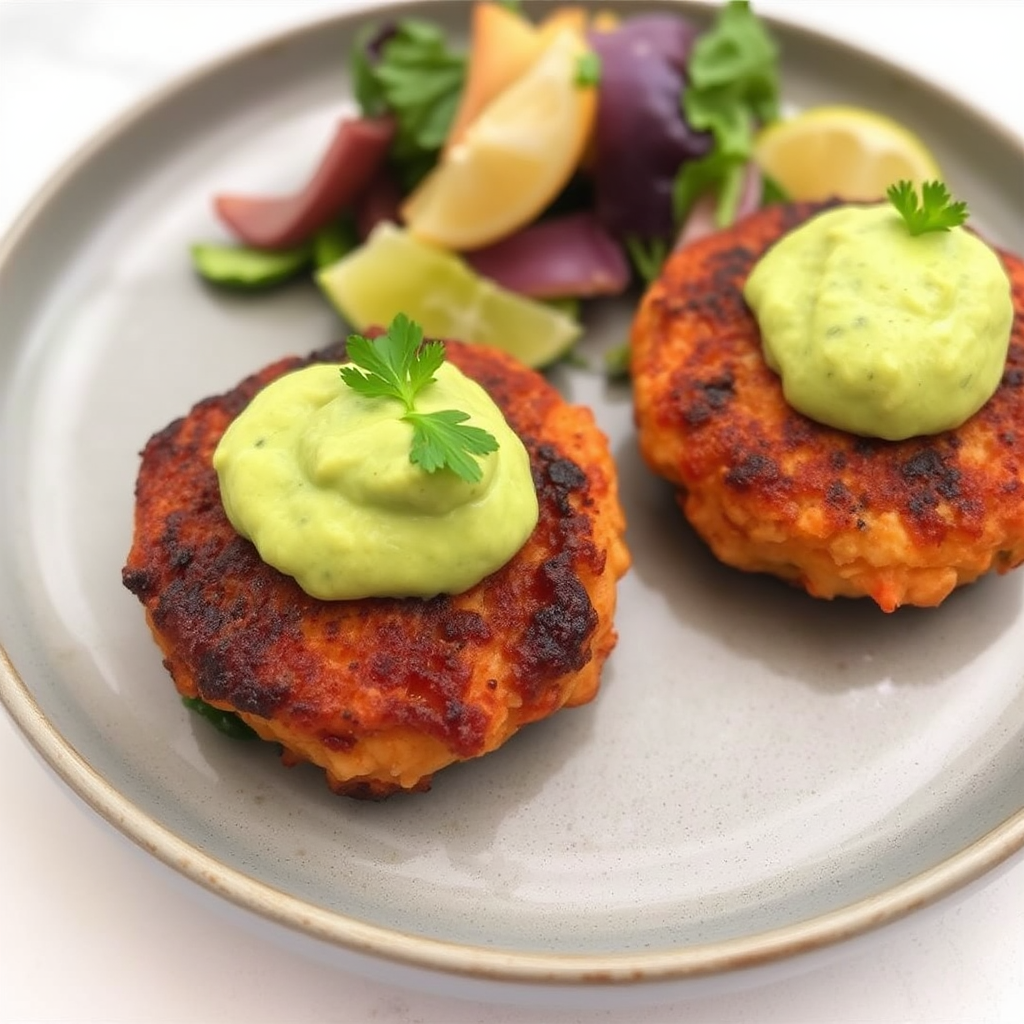 Spicy Salmon Cakes with Avocado-Lime Crema