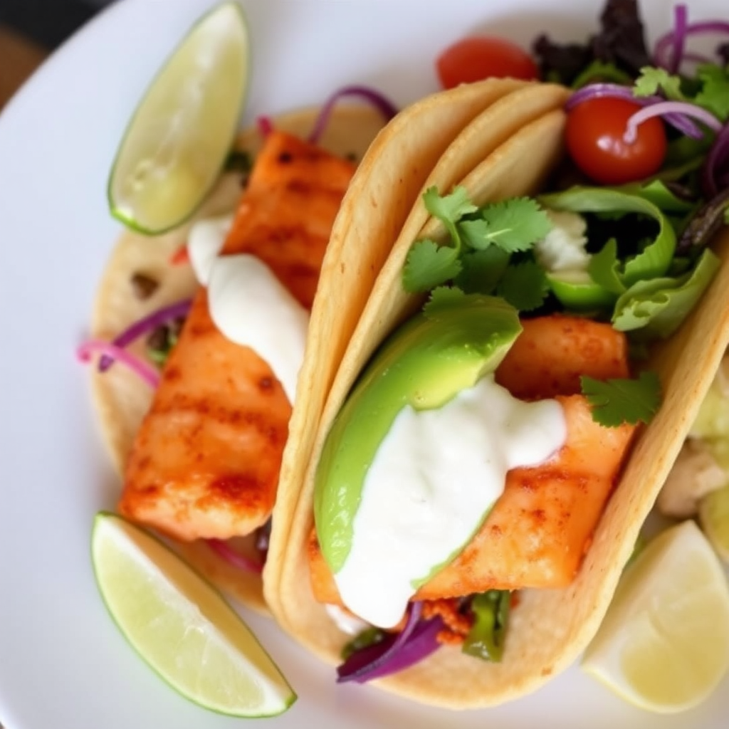 Spicy Salmon Tacos with Avocado Crema