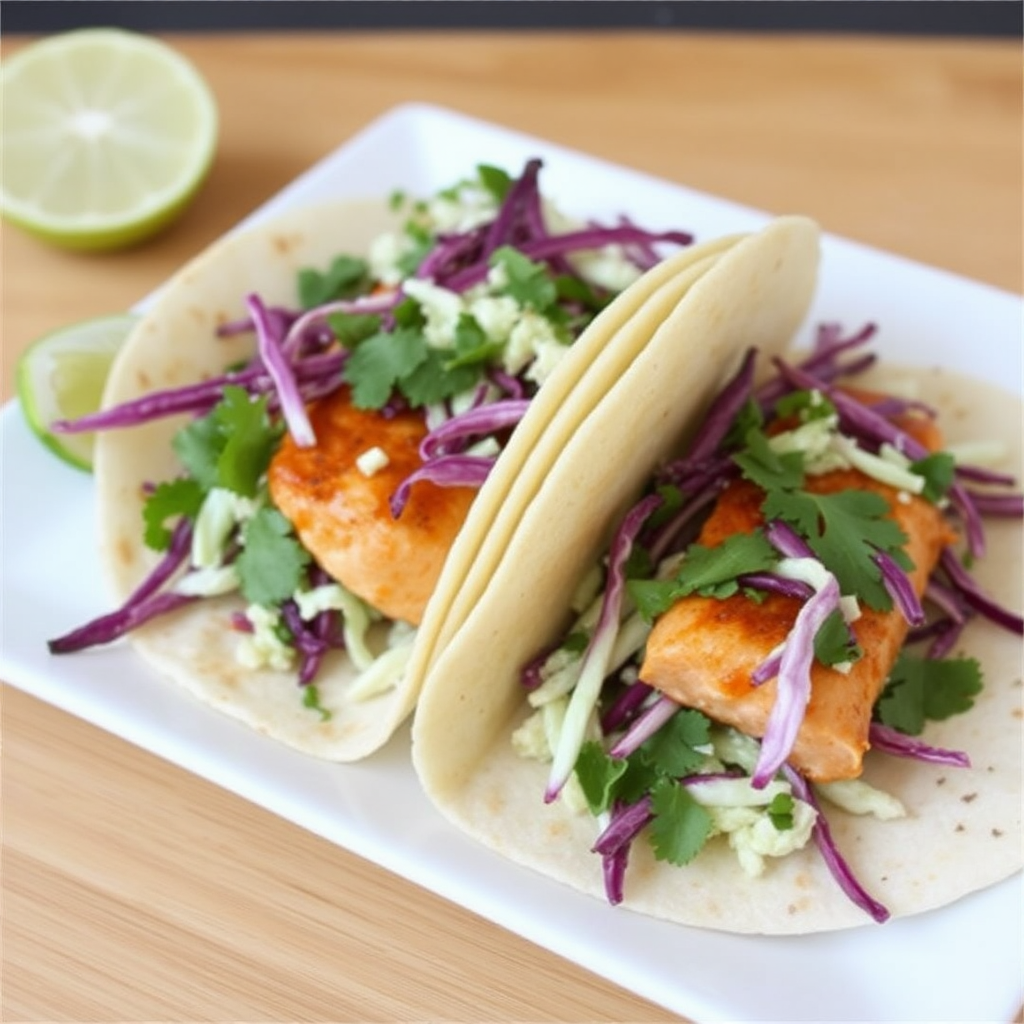 Spicy Salmon Tacos with Cilantro Lime Slaw