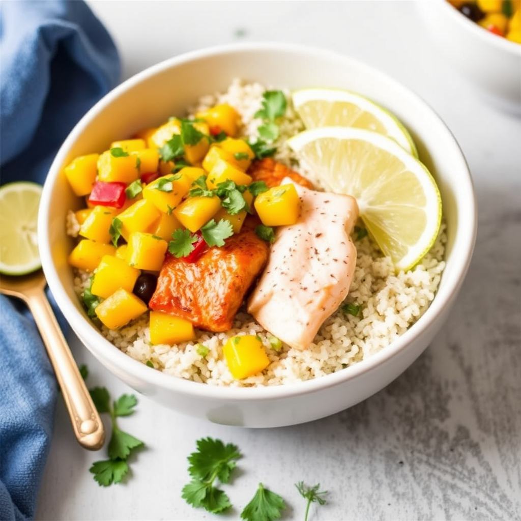 Spicy Salmon & Mango Salsa Bowls with Cilantro Lime Rice