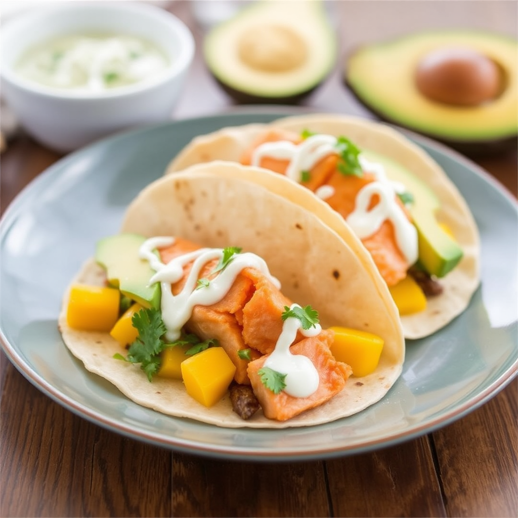 Spicy Salmon & Mango Tacos with Avocado Cilantro Crema