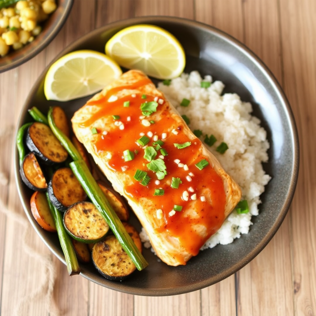 Spicy Salmon with Coconut-Lime Glaze and Roasted Zucchini