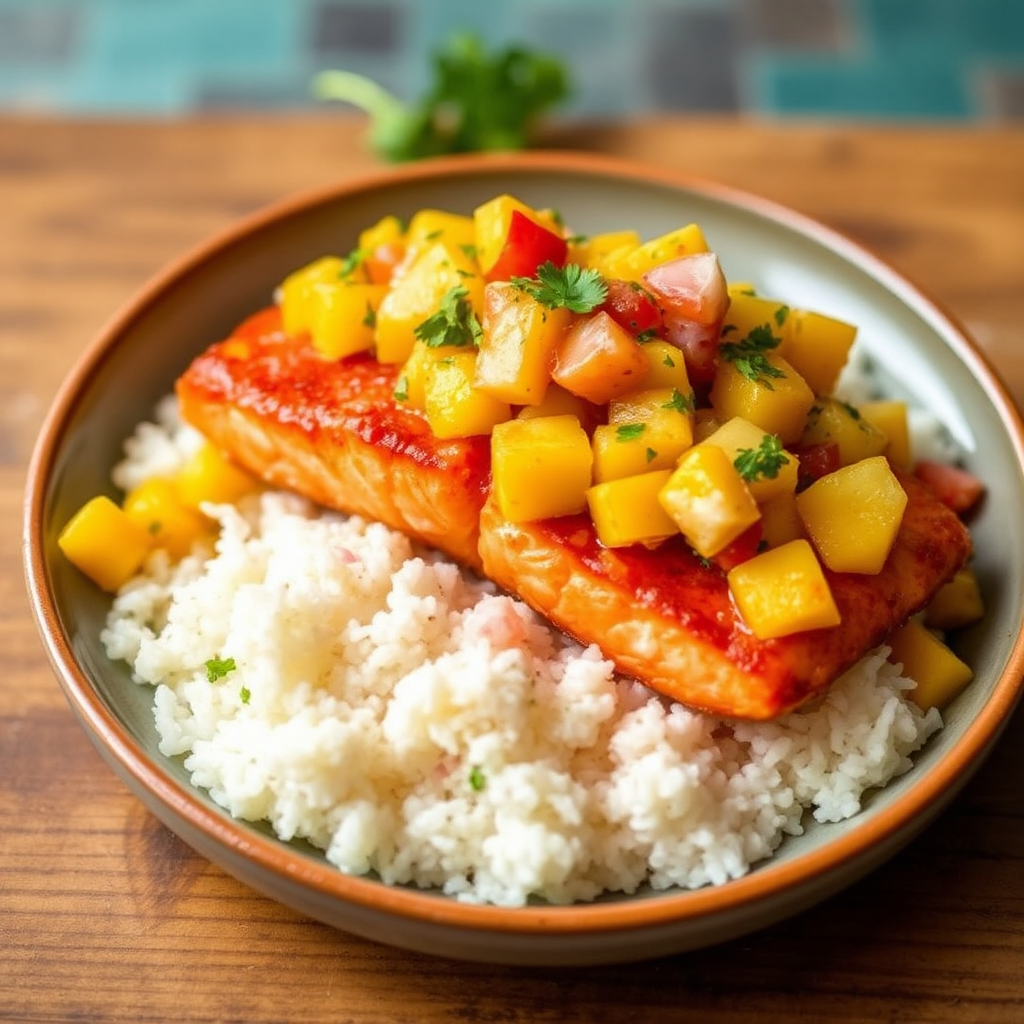 Spicy Salmon with Mango Salsa and Coconut Rice