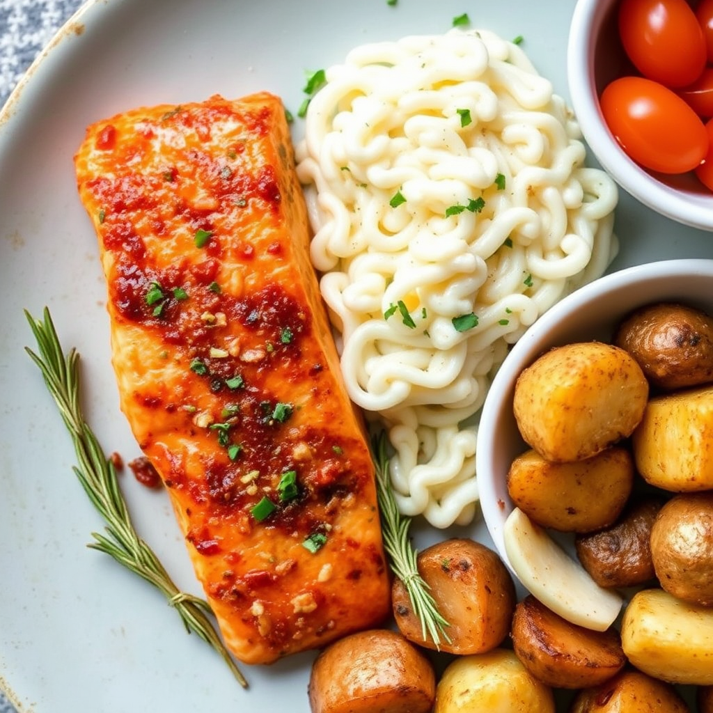 Spicy Salmon with Roasted Garlic & Rosemary Potatoes