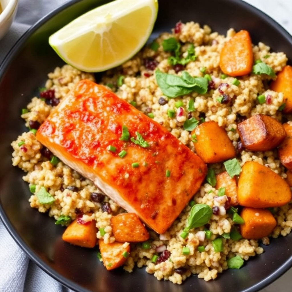 Spicy Salmon with Roasted Sweet Potatoes and Basil-Lime Quinoa