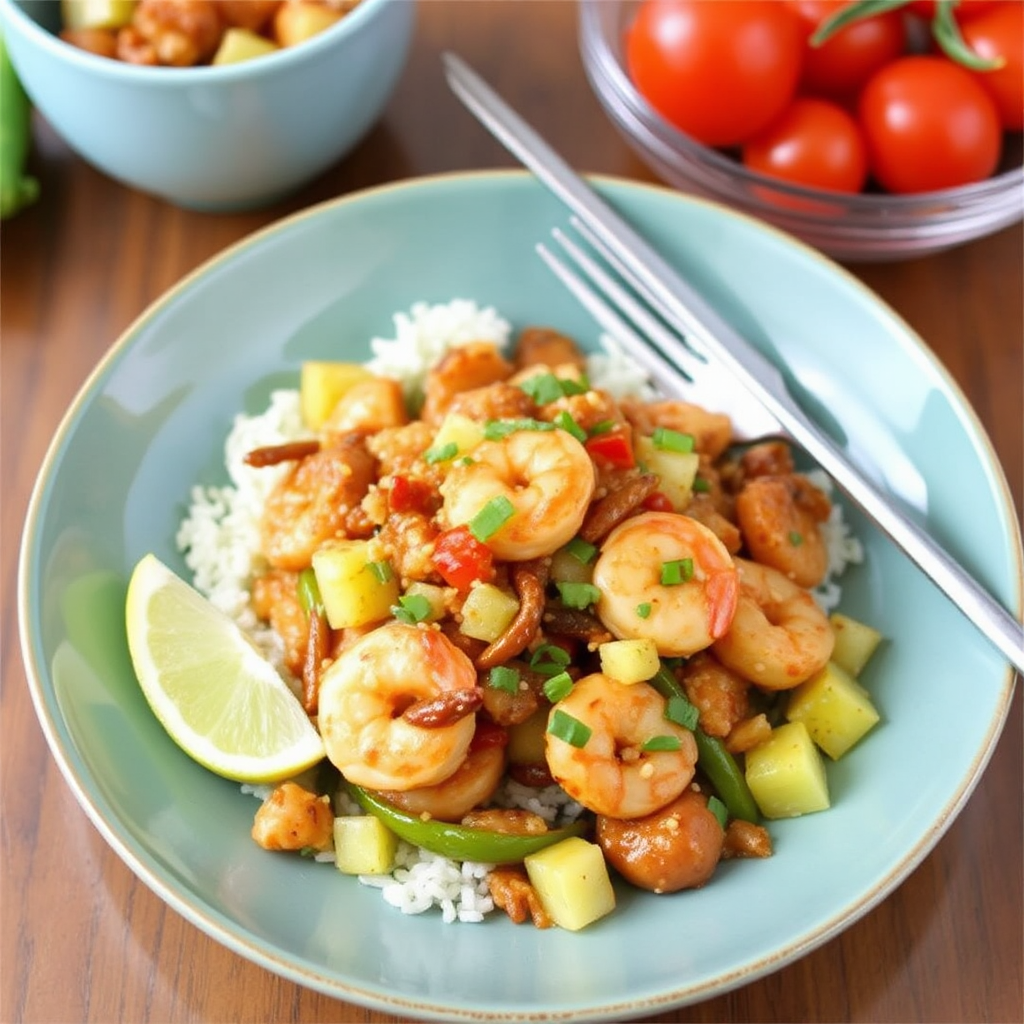 Spicy Sesame Shrimp Stir-Fry with Pineapple Salsa