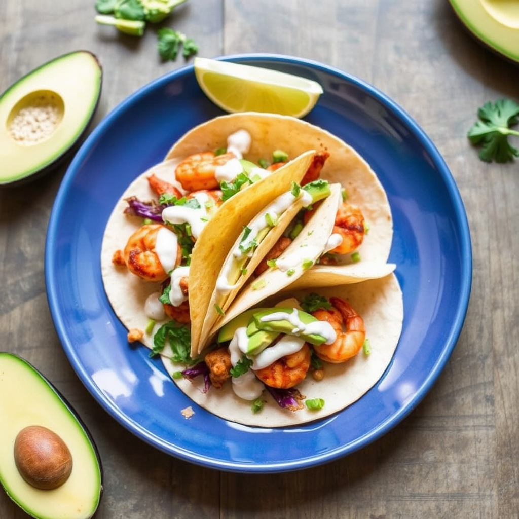 Spicy Shrimp Tacos with Avocado Crema