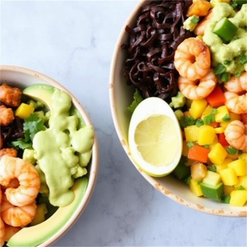 Spicy Shrimp and Mango Salsa Bowls with Avocado Lime Dressing