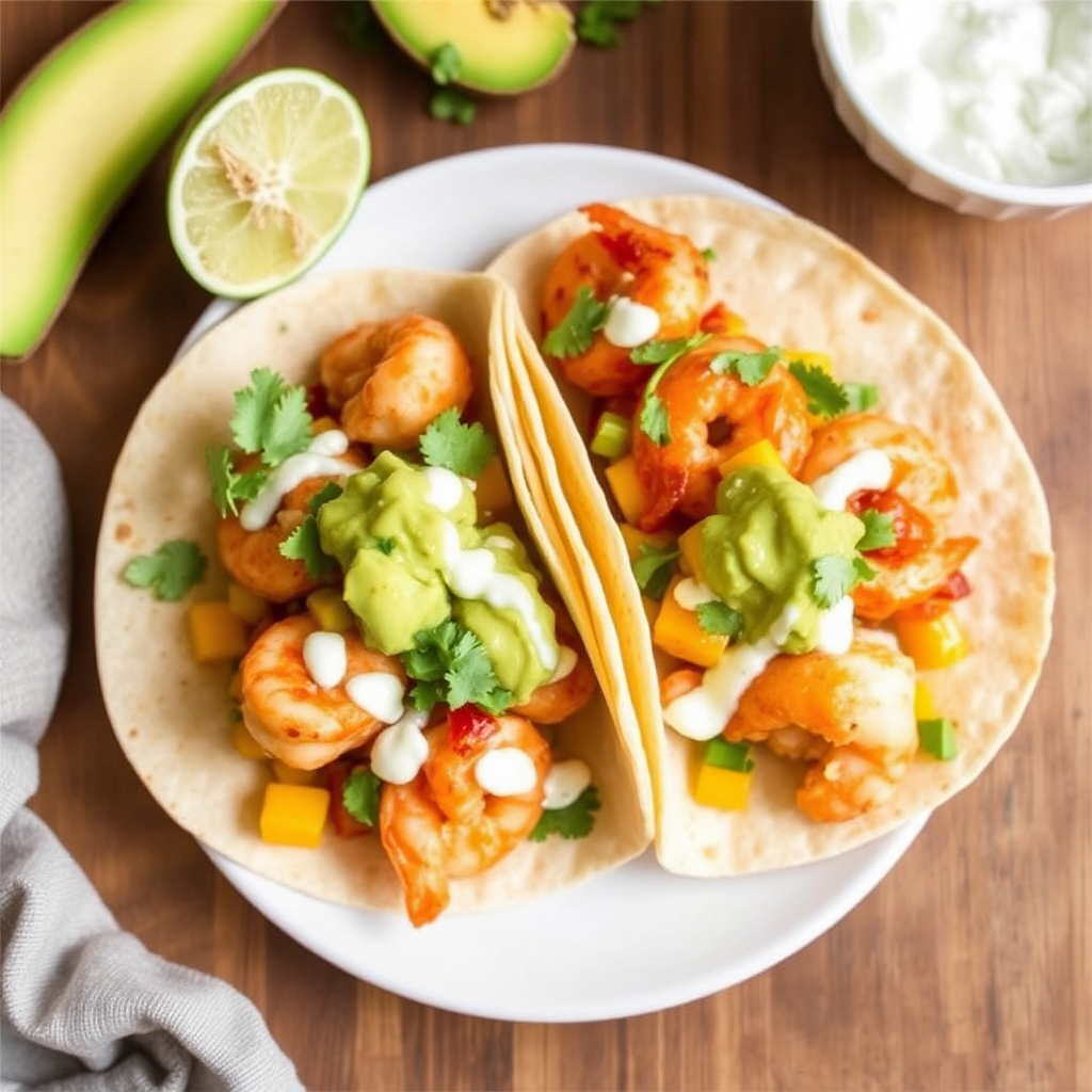 Spicy Shrimp and Mango Salsa Tacos with Avocado Crema