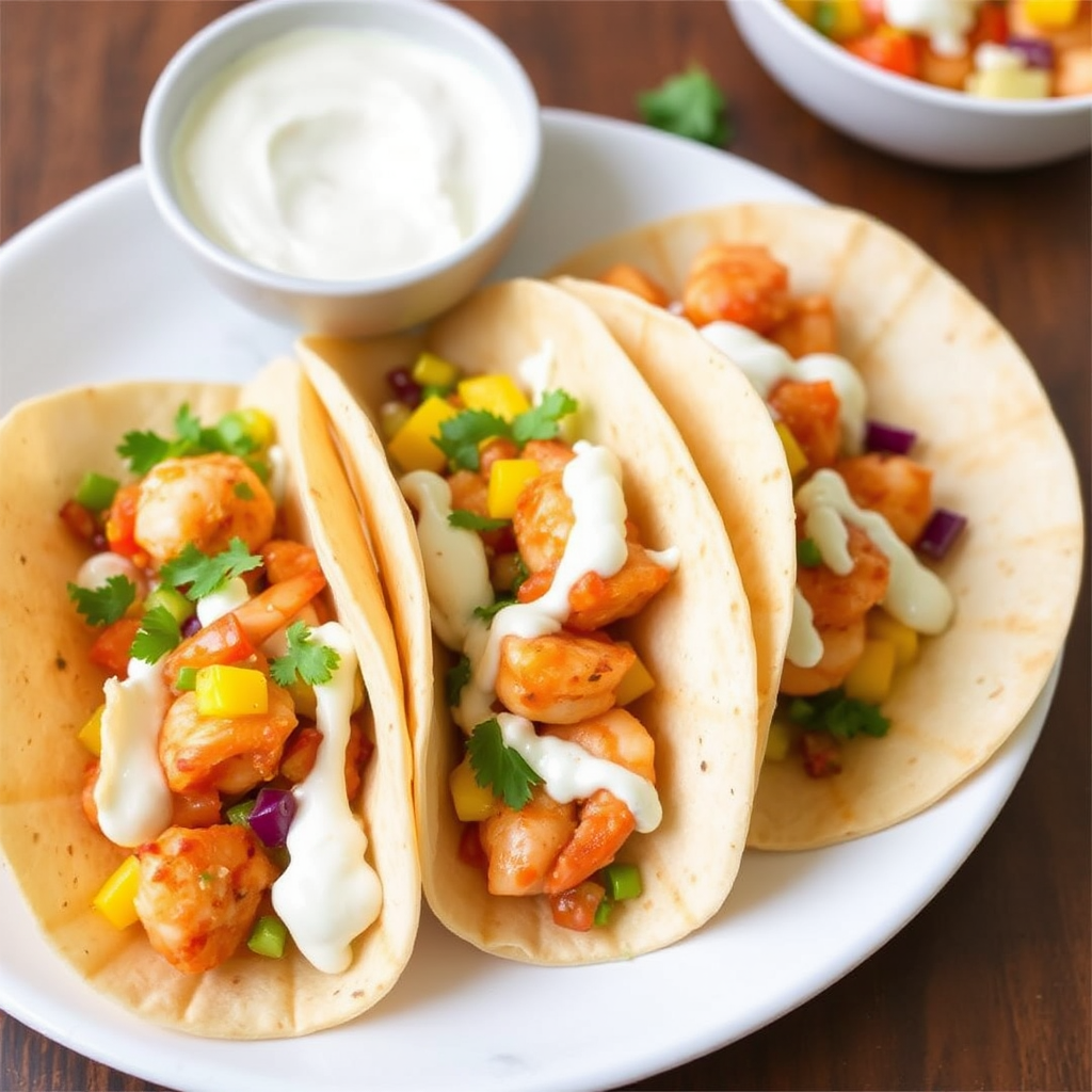 Spicy Shrimp & Mango Salsa Tacos with Coconut-Lime Crema