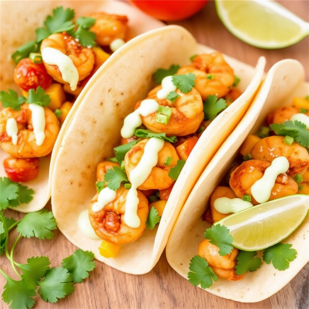 Spicy Shrimp & Mango Tacos with Cilantro-Lime Crema