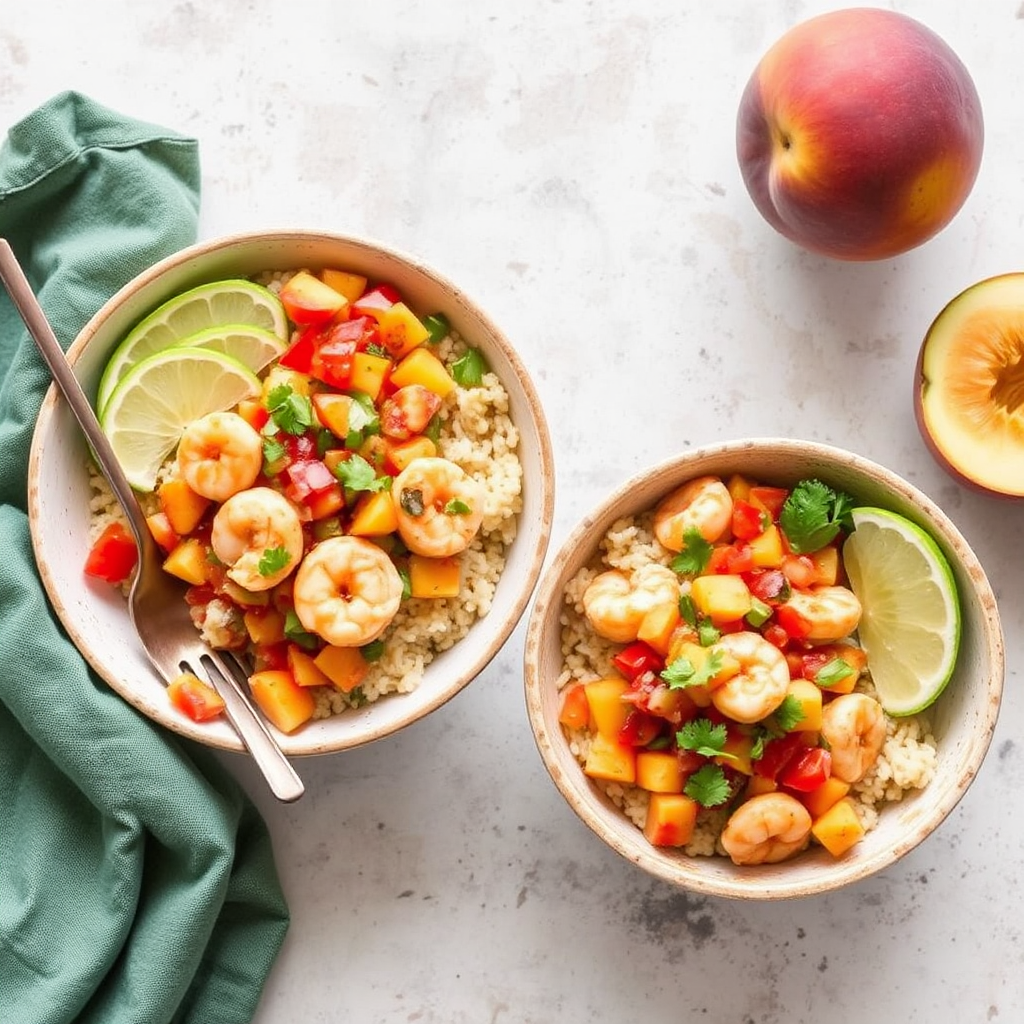 Spicy Shrimp and Peach Salsa Bowls with Cilantro-Lime Rice